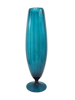 Vintage Empoli 12" Teal Blue Glass Pedestal Vase With Ribbed Design MCM